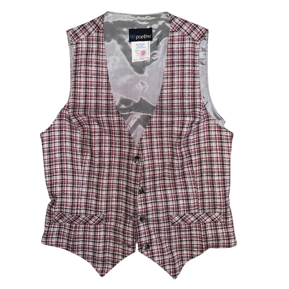 Vintage Panther Plaid Wool Blend Vest Red Black White ILGWU Made in USA 7/8